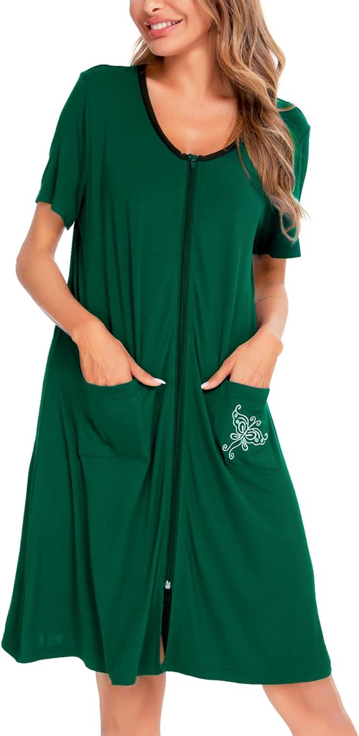 imageSWOMOG Womens Zip Up Housecoat Zipper Front Robe Lightweight Bathrobe Short Sleeve Loungewear Nightgowns with PocketsLight Green
