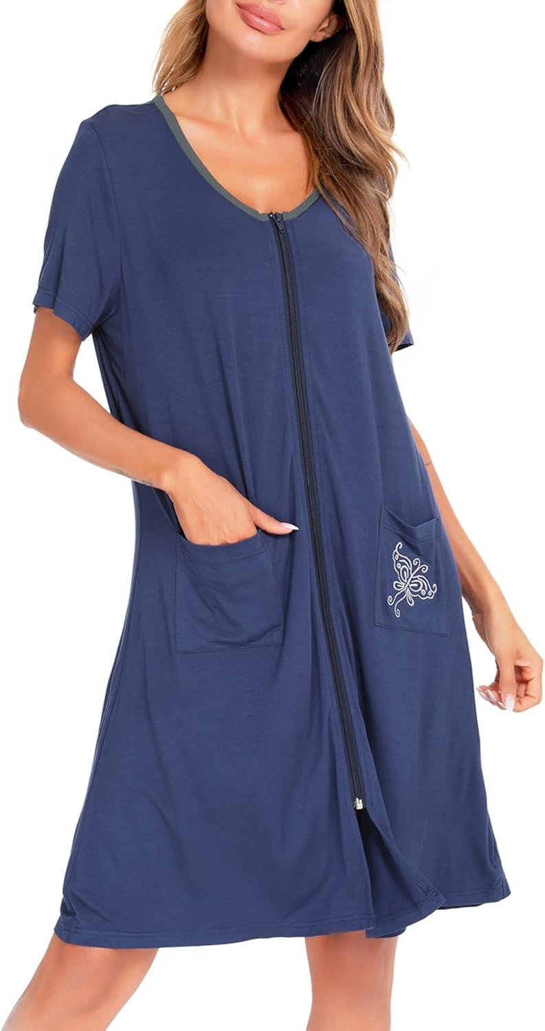 imageSWOMOG Womens Zip Up Housecoat Zipper Front Robe Lightweight Bathrobe Short Sleeve Loungewear Nightgowns with PocketsNavy Blue