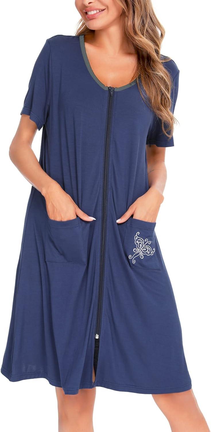 imageSWOMOG Womens Zip Up Housecoat Zipper Front Robe Lightweight Bathrobe Short Sleeve Loungewear Nightgowns with PocketsNavy Blue
