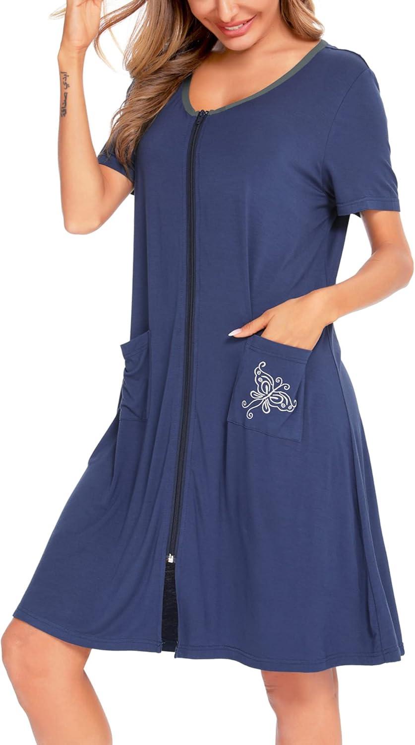 imageSWOMOG Womens Zip Up Housecoat Zipper Front Robe Lightweight Bathrobe Short Sleeve Loungewear Nightgowns with PocketsNavy Blue
