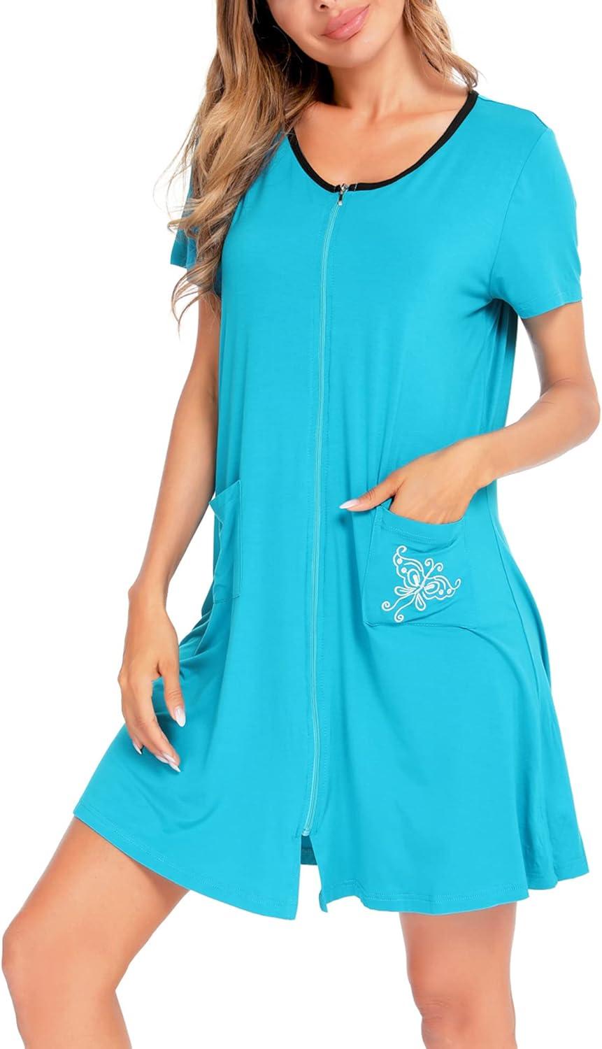imageSWOMOG Womens Zip Up Housecoat Zipper Front Robe Lightweight Bathrobe Short Sleeve Loungewear Nightgowns with PocketsPeacock Blue