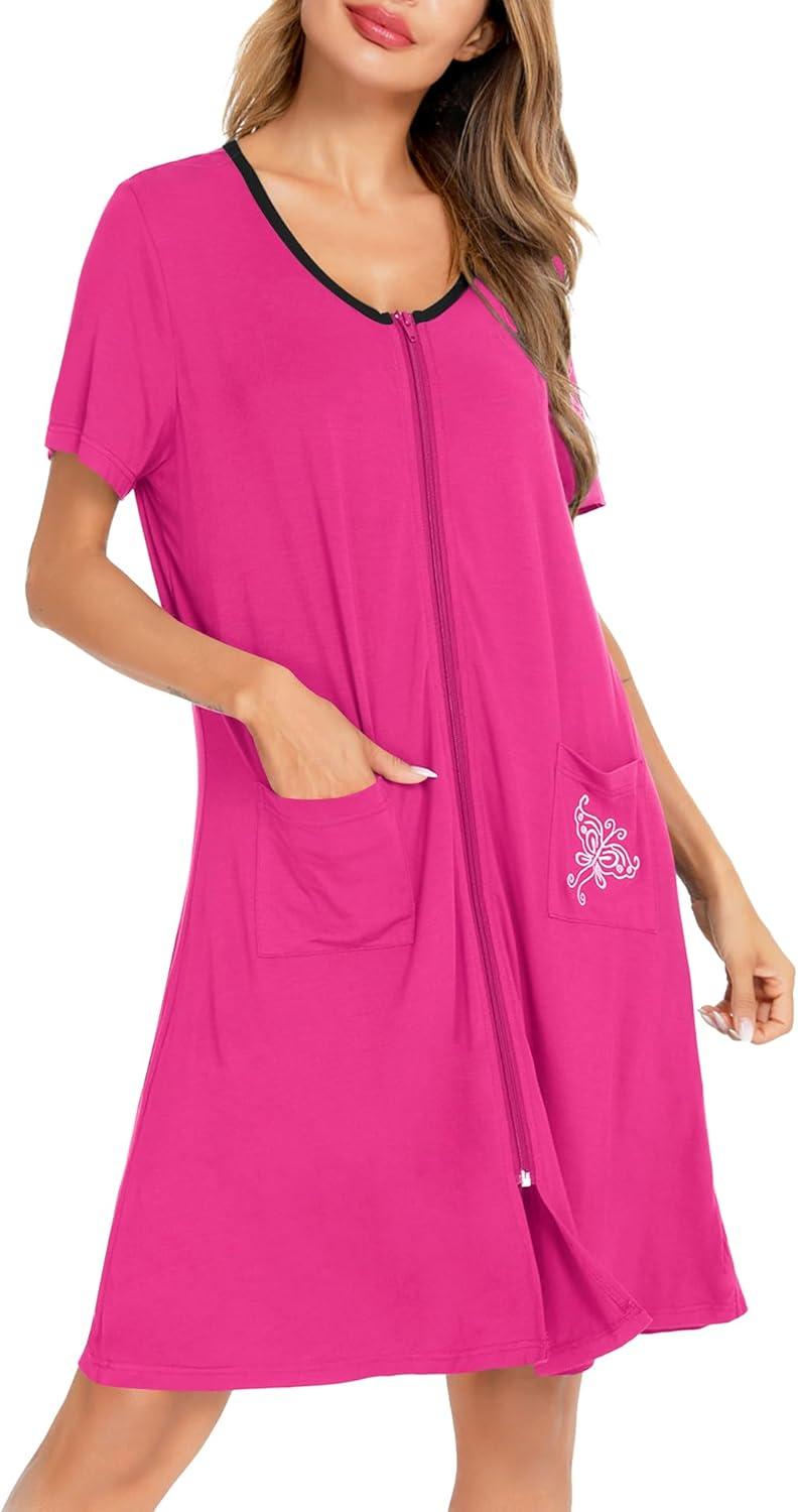 imageSWOMOG Womens Zip Up Housecoat Zipper Front Robe Lightweight Bathrobe Short Sleeve Loungewear Nightgowns with PocketsRose Pink