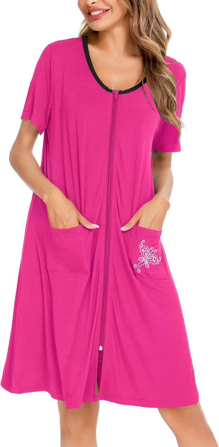 imageSWOMOG Womens Zip Up Housecoat Zipper Front Robe Lightweight Bathrobe Short Sleeve Loungewear Nightgowns with PocketsRose Pink