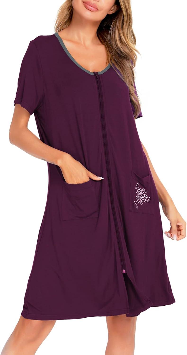 imageSWOMOG Womens Zip Up Housecoat Zipper Front Robe Lightweight Bathrobe Short Sleeve Loungewear Nightgowns with PocketsWineberry