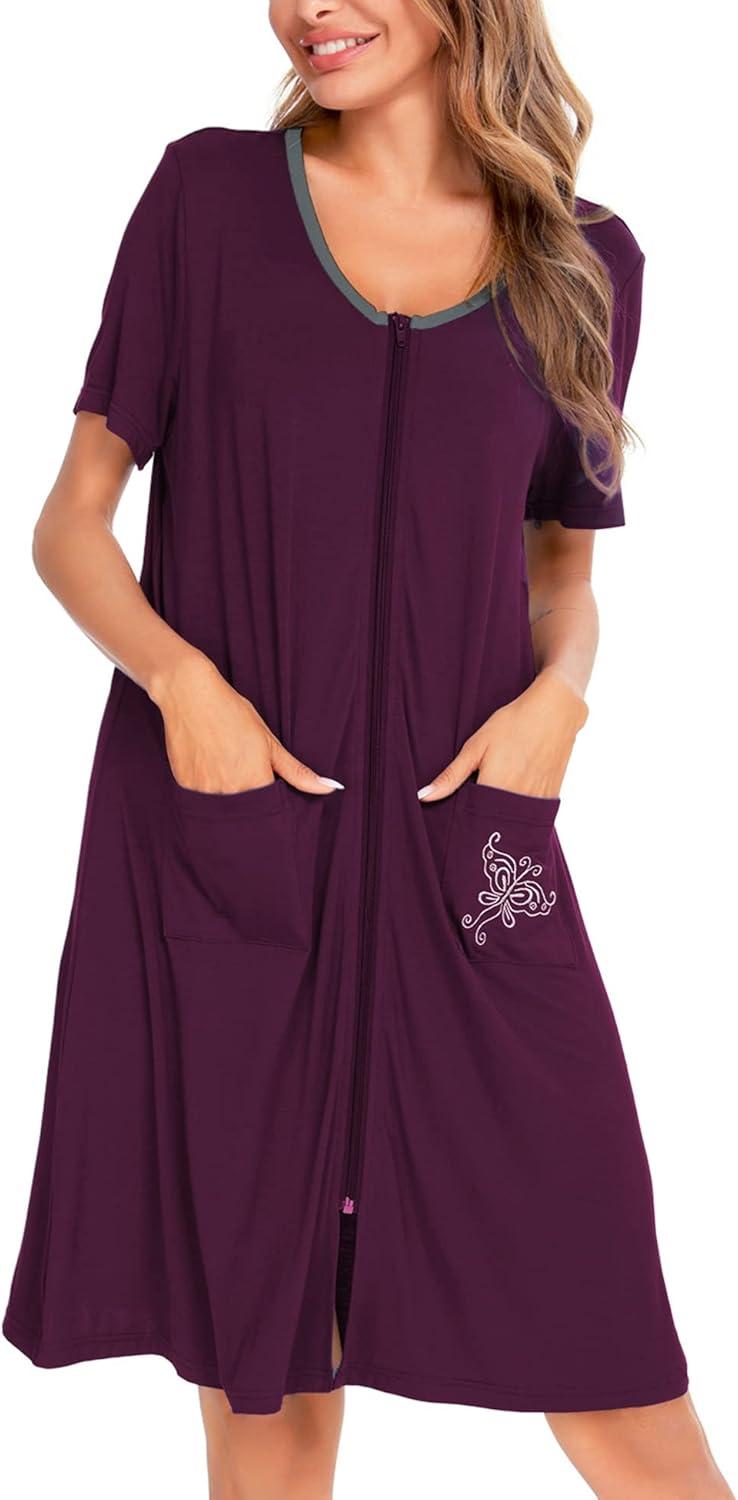 imageSWOMOG Womens Zip Up Housecoat Zipper Front Robe Lightweight Bathrobe Short Sleeve Loungewear Nightgowns with PocketsWineberry