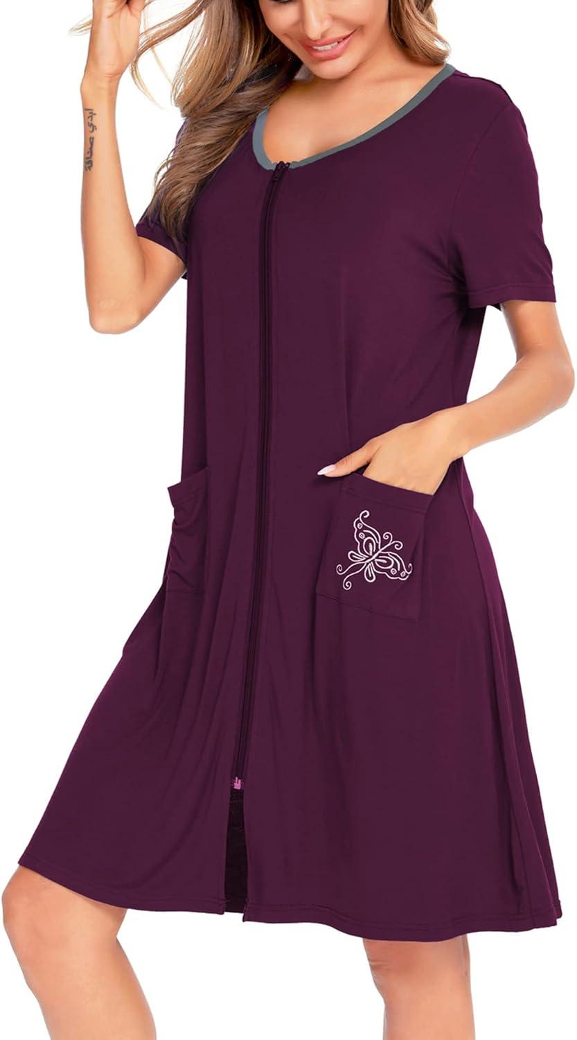 imageSWOMOG Womens Zip Up Housecoat Zipper Front Robe Lightweight Bathrobe Short Sleeve Loungewear Nightgowns with PocketsWineberry