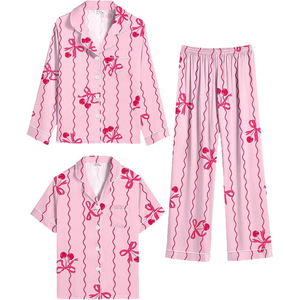 imageSWOMOG 4 pcs Kids Girls Satin Pajamas Set Silk ButtonDown PJs Sets Soft Lounge Sets Long Sleeve Sleepwear3 Pcspink Stripes