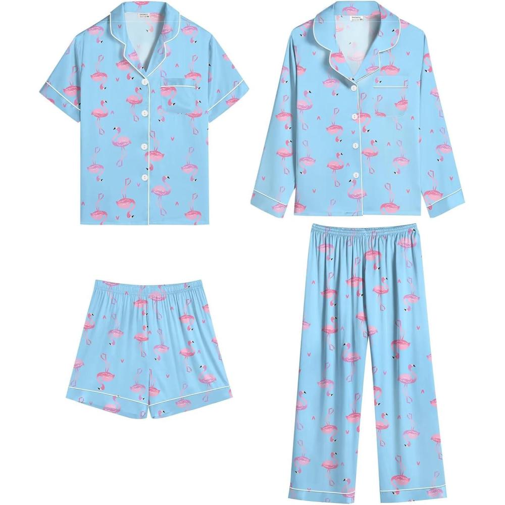 imageSWOMOG 4 pcs Kids Girls Satin Pajamas Set Silk ButtonDown PJs Sets Soft Lounge Sets Long Sleeve Sleepwear4 Pcsblue Flamingo