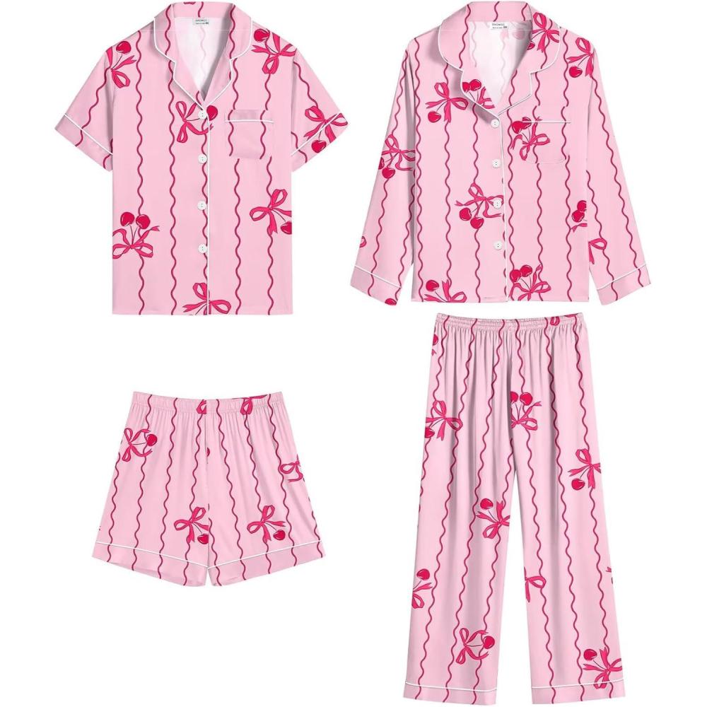 imageSWOMOG 4 pcs Kids Girls Satin Pajamas Set Silk ButtonDown PJs Sets Soft Lounge Sets Long Sleeve Sleepwear4 Pcspink Bow