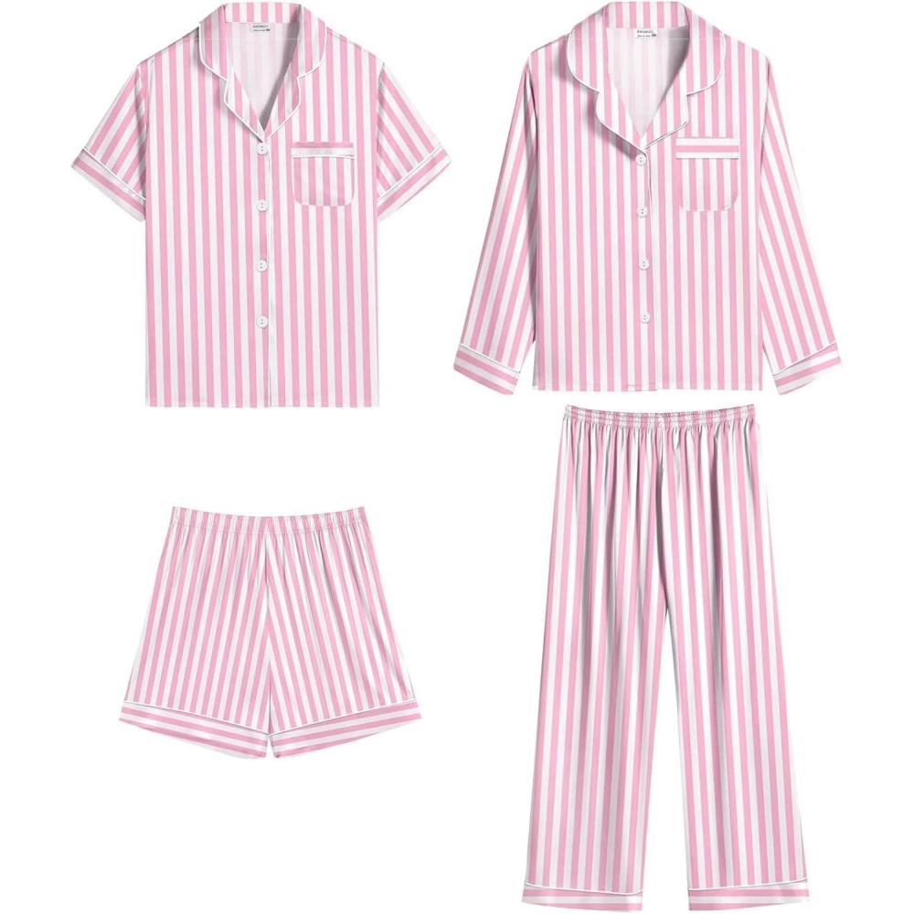 imageSWOMOG 4 pcs Kids Girls Satin Pajamas Set Silk ButtonDown PJs Sets Soft Lounge Sets Long Sleeve Sleepwear4 Pcspink Striped