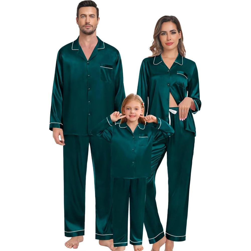 imageSWOMOG Family Matching Pajama Set 2Pcs Silk Satin Sleepwear Long Sleeve Button Down LoungewearDark Green