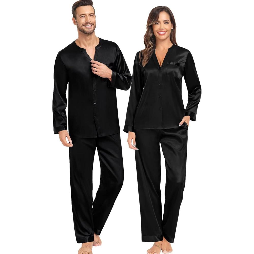 imageSWOMOG Family Matching Pajama Set 2Pcs Silk Satin Sleepwear Long Sleeve Button Down LoungewearDeep Black