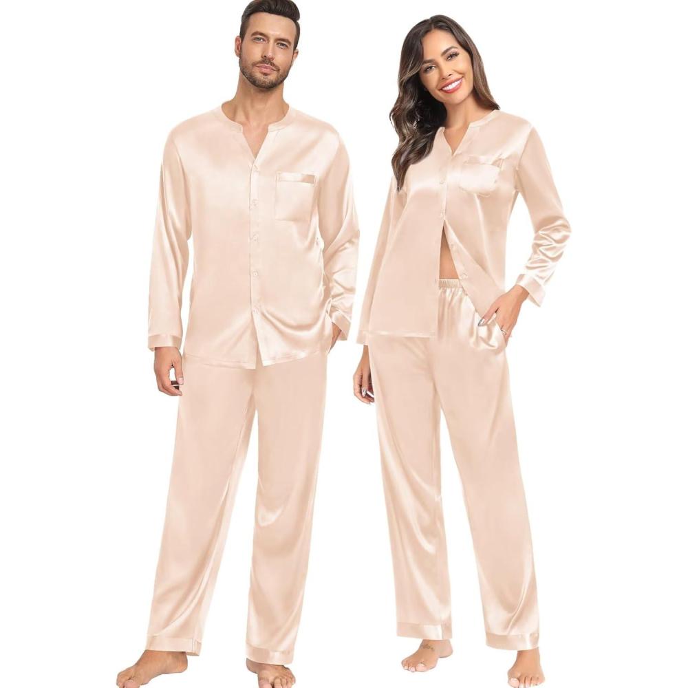 imageSWOMOG Family Matching Pajama Set 2Pcs Silk Satin Sleepwear Long Sleeve Button Down LoungewearDeep Champagne