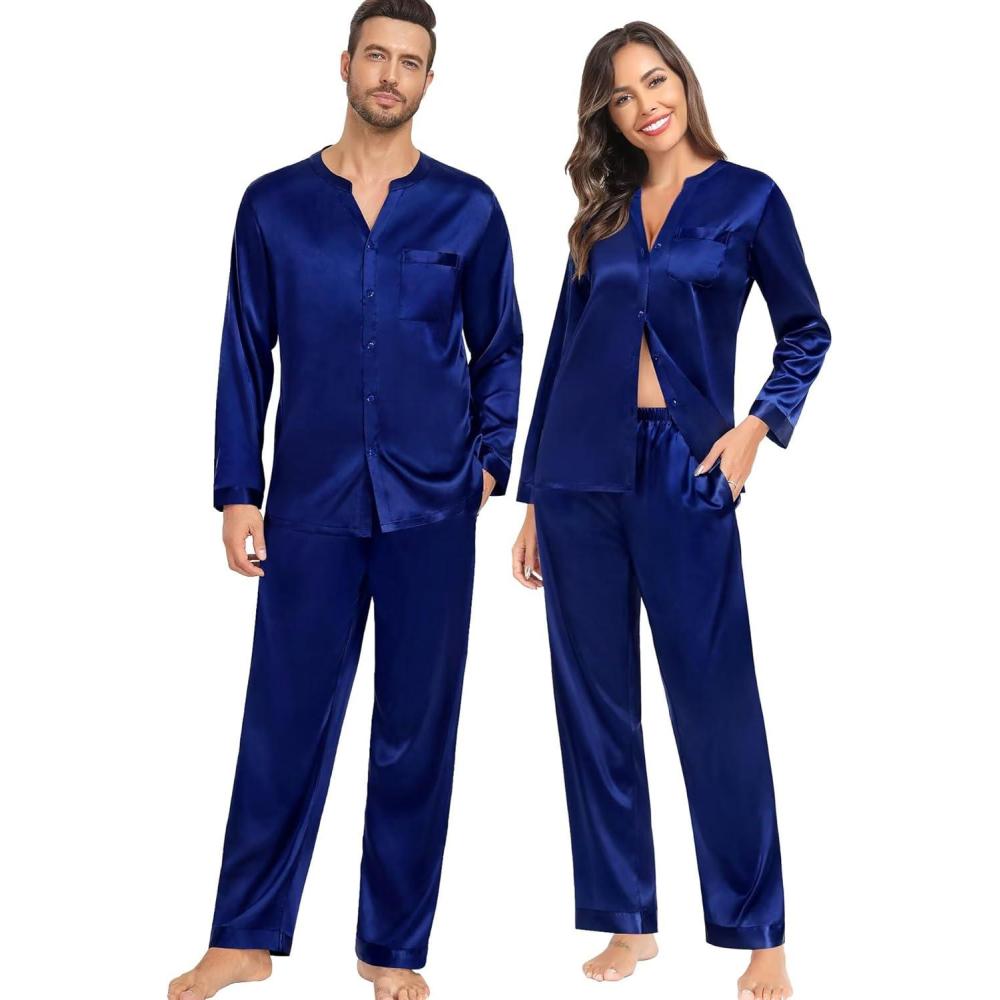 imageSWOMOG Family Matching Pajama Set 2Pcs Silk Satin Sleepwear Long Sleeve Button Down LoungewearDeep Navy Blue
