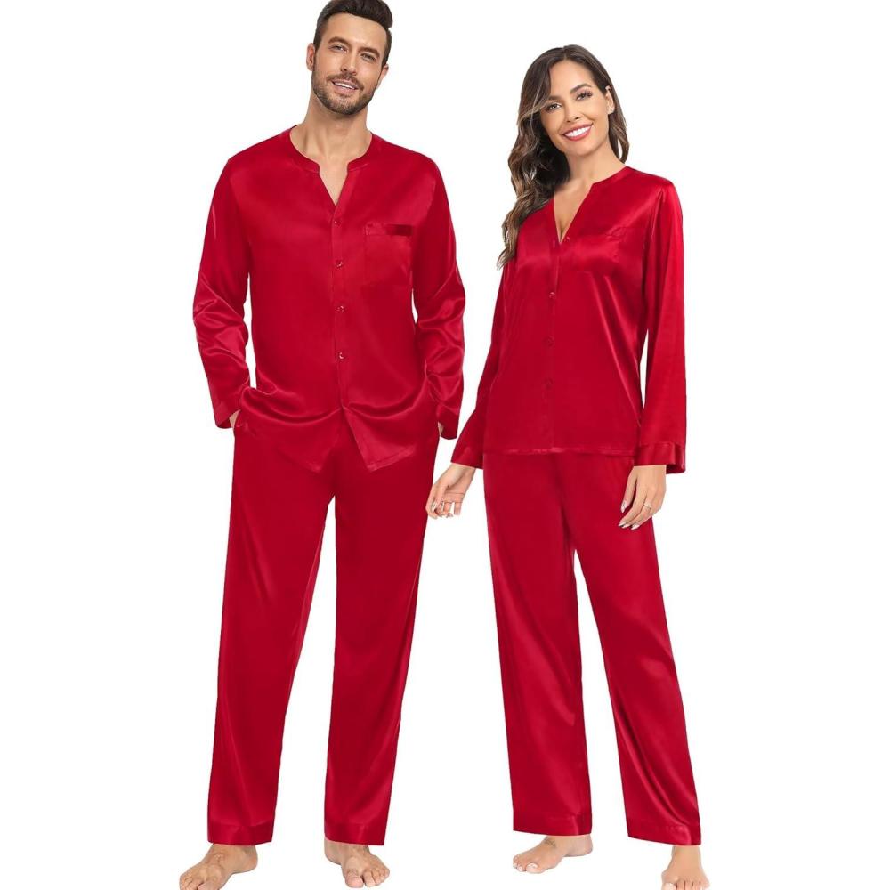 imageSWOMOG Family Matching Pajama Set 2Pcs Silk Satin Sleepwear Long Sleeve Button Down LoungewearDeep Red