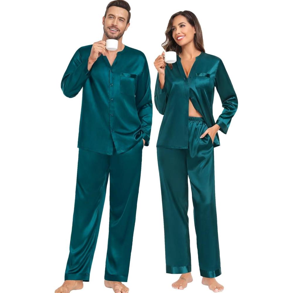 imageSWOMOG Family Matching Pajama Set 2Pcs Silk Satin Sleepwear Long Sleeve Button Down LoungewearGreen
