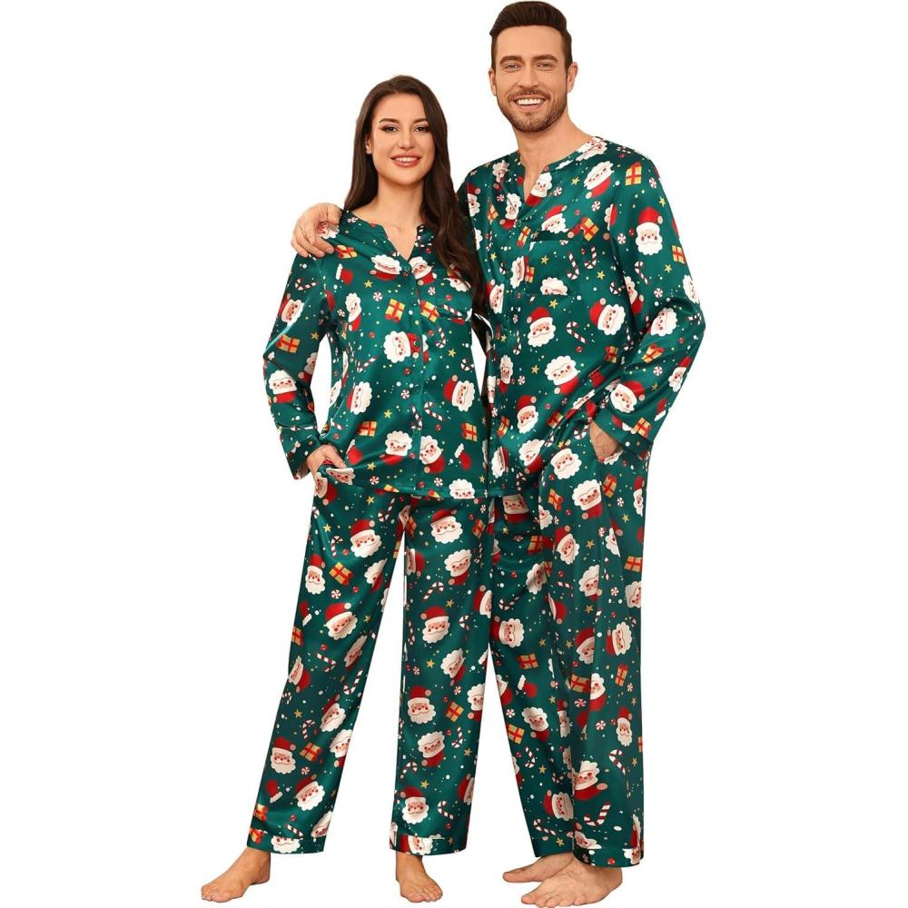 imageSWOMOG Family Matching Pajama Set 2Pcs Silk Satin Sleepwear Long Sleeve Button Down LoungewearGreen Santa