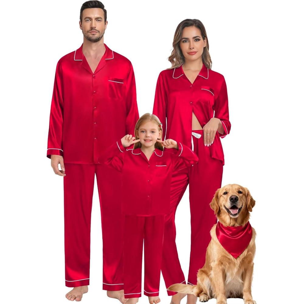imageSWOMOG Family Matching Pajama Set 2Pcs Silk Satin Sleepwear Long Sleeve Button Down LoungewearRed
