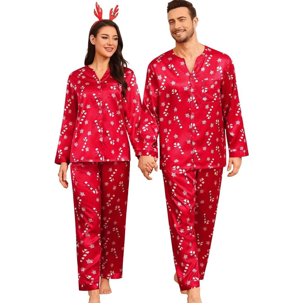 imageSWOMOG Family Matching Pajama Set 2Pcs Silk Satin Sleepwear Long Sleeve Button Down LoungewearRed Candy Cane