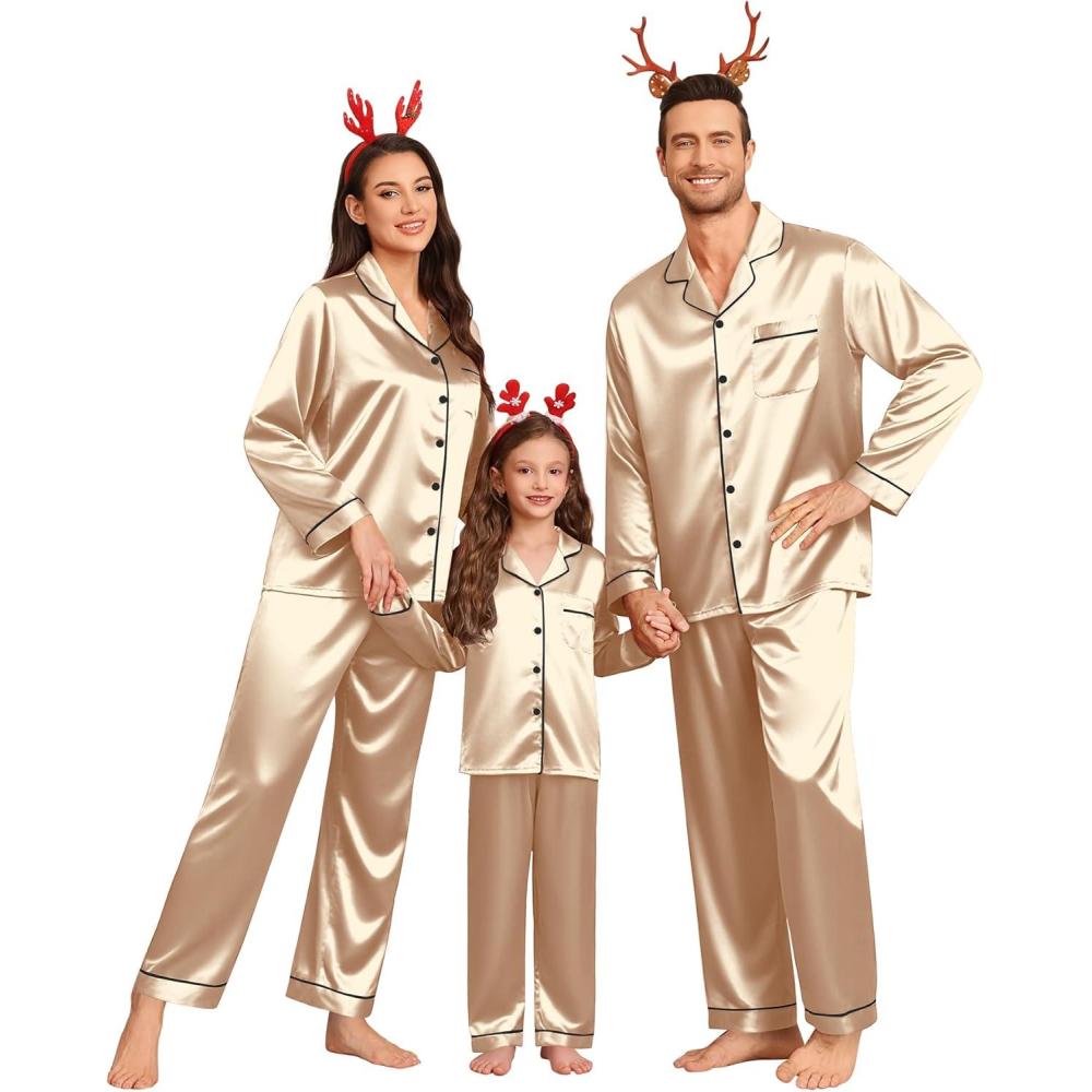 imageSWOMOG Family Matching Pajamas Set Silk Satin Button Down Sleepwear Long Sleeve Nightwear 2 Pcs Pj SetChampagne