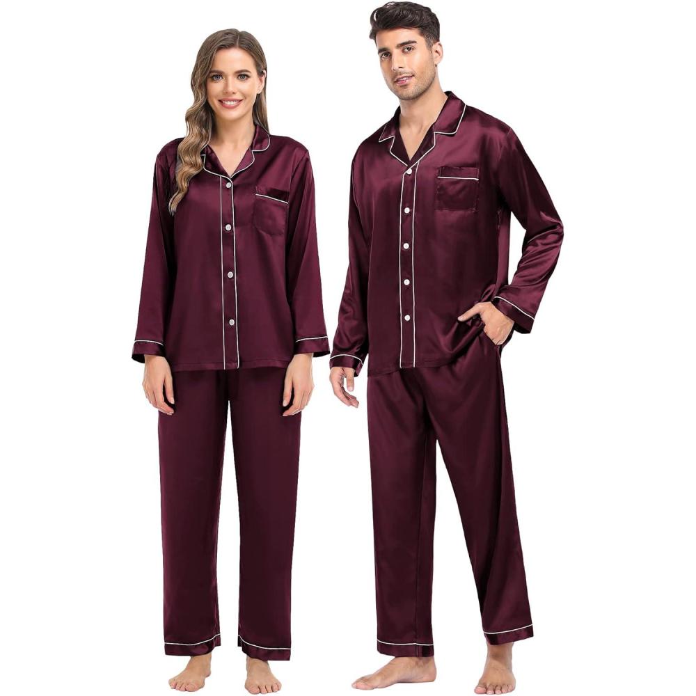 imageSWOMOG Family Matching Pajamas Set Silk Satin Button Down Sleepwear Long Sleeve Nightwear 2 Pcs Pj SetDeep Wine Red