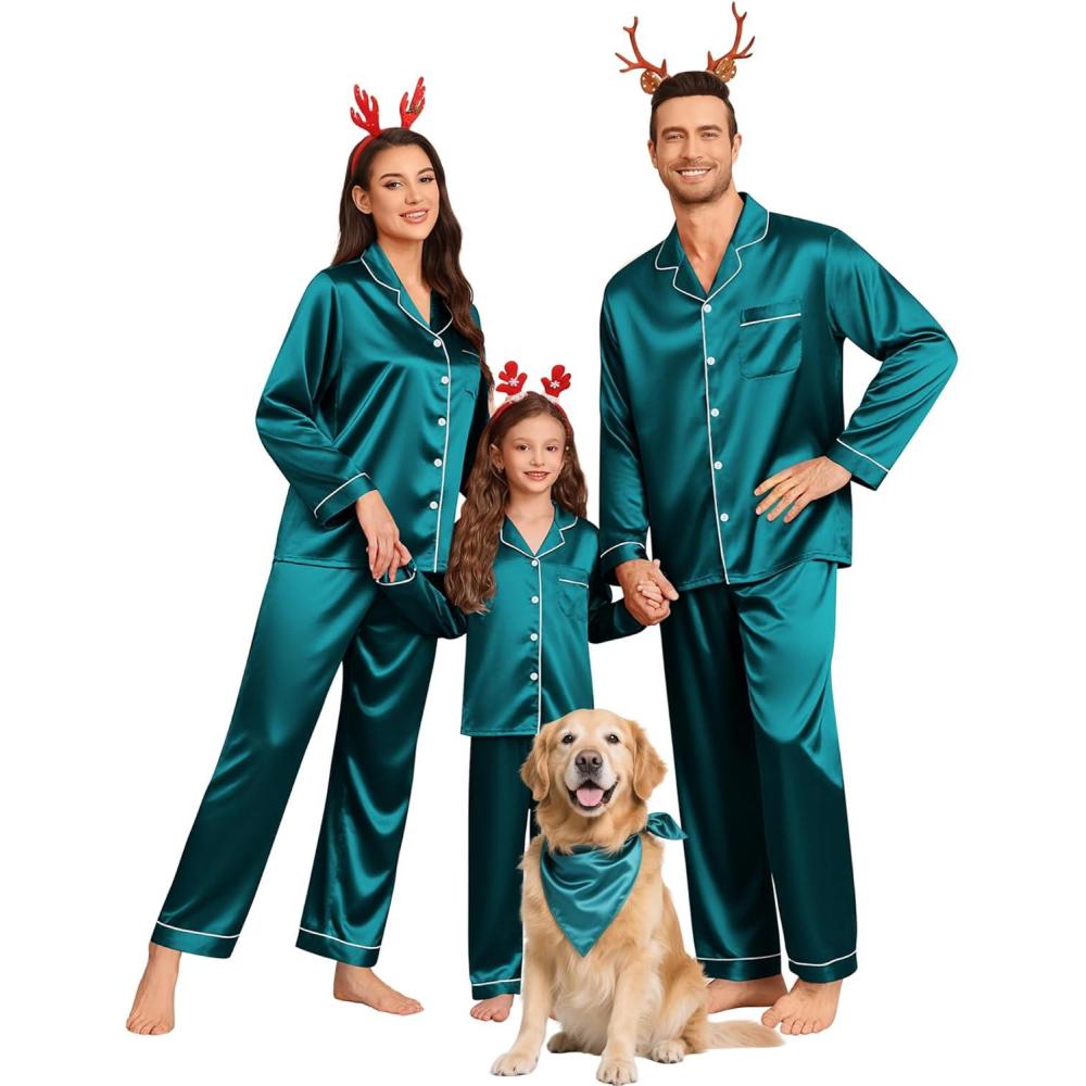 imageSWOMOG Family Matching Pajamas Set Silk Satin Button Down Sleepwear Long Sleeve Nightwear 2 Pcs Pj SetGreen