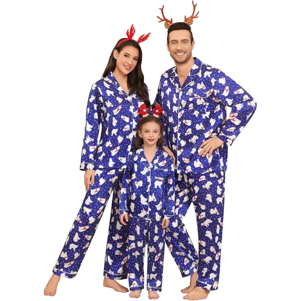 imageSWOMOG Family Matching Pajamas Set Silk Satin Button Down Sleepwear Long Sleeve Nightwear 2 Pcs Pj SetPolar Bear