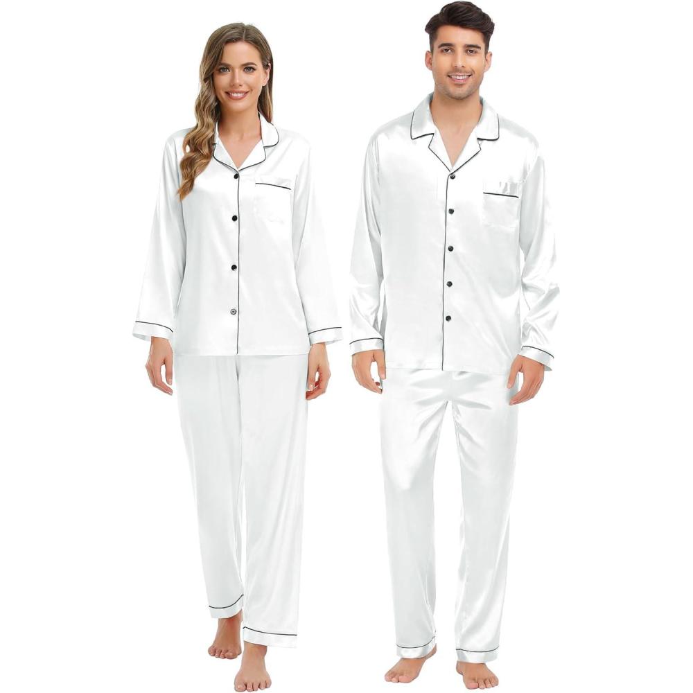imageSWOMOG Family Matching Pajamas Set Silk Satin Button Down Sleepwear Long Sleeve Nightwear 2 Pcs Pj SetWhite