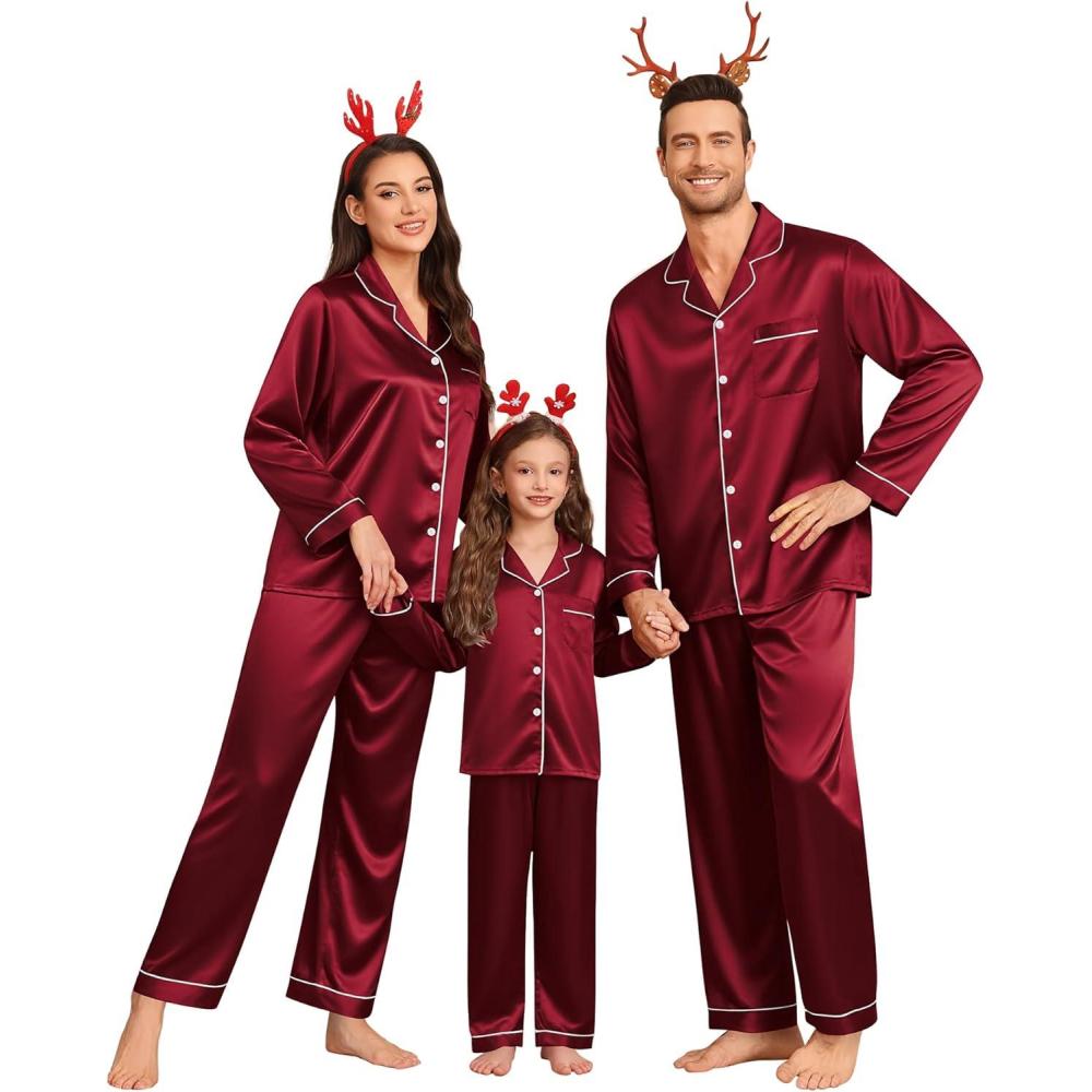imageSWOMOG Family Matching Pajamas Set Silk Satin Button Down Sleepwear Long Sleeve Nightwear 2 Pcs Pj SetWine Red