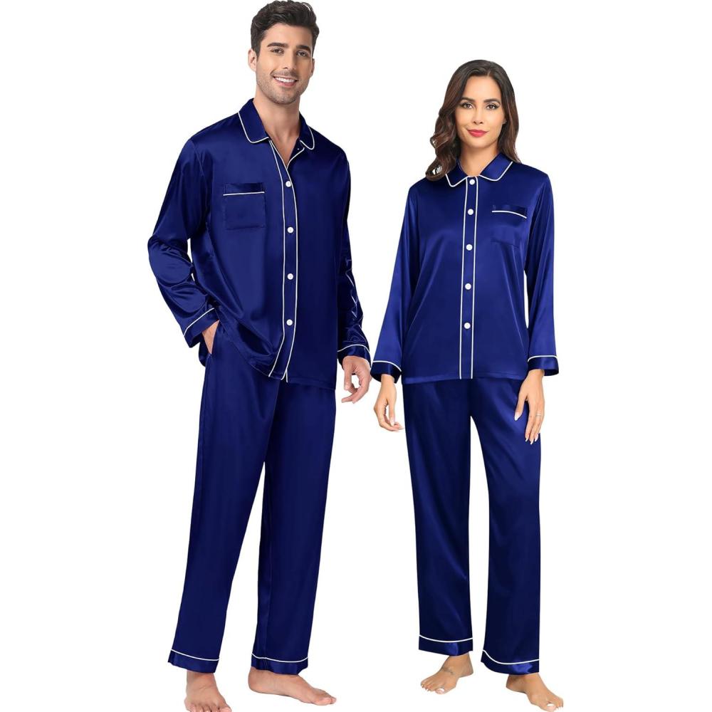 imageSWOMOG Family Matching Pajamas Set Silk Satin Button Down Sleepwear Long Sleeve Nightwear 2 Pcs Pj SetZ Double Piping Deep Navy Blue