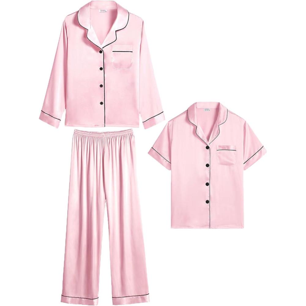 imageSWOMOG Kid Girls Boys Silk Satin Pajamas Set ButtonDown PJs Sets TwoPiece Lounge Sets Long Sleeve SleepwearHedgedpink
