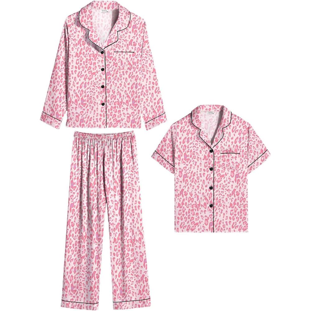 imageSWOMOG Kid Girls Boys Silk Satin Pajamas Set ButtonDown PJs Sets TwoPiece Lounge Sets Long Sleeve SleepwearHedgedpink Print Leopard