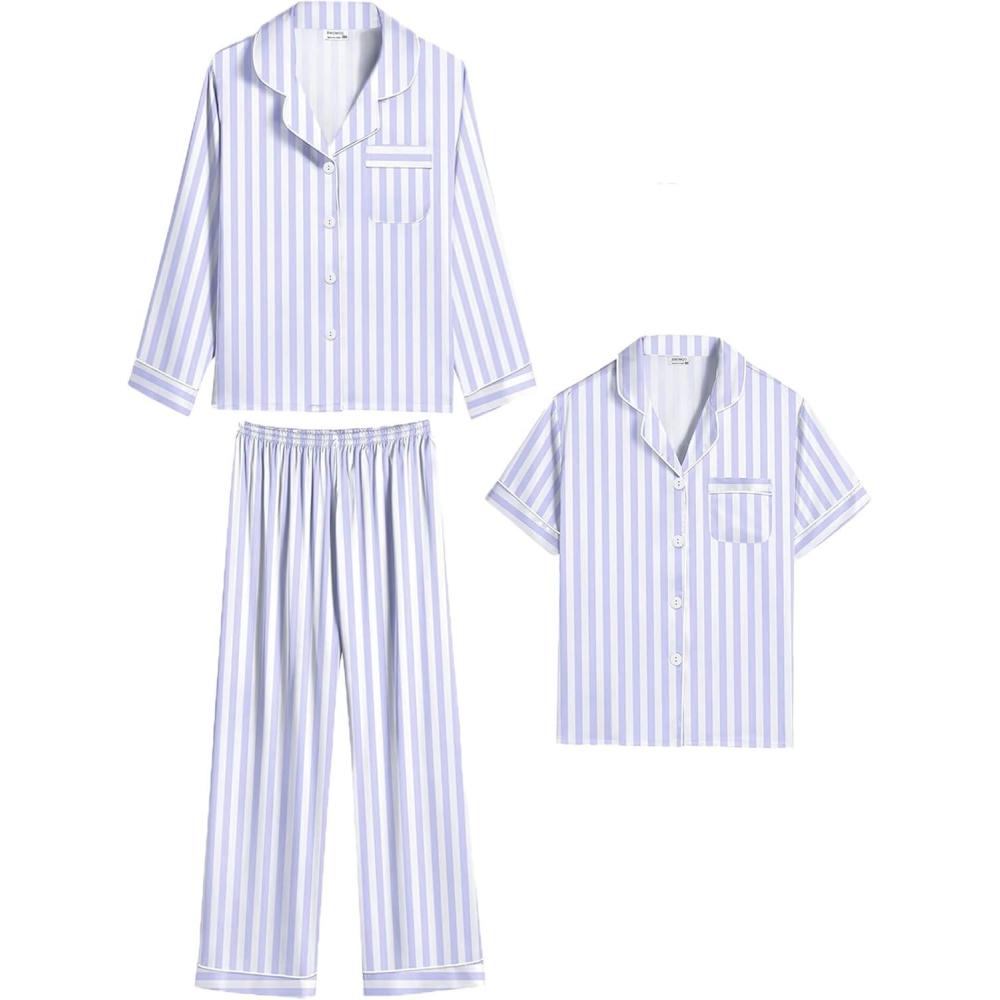 imageSWOMOG Kid Girls Boys Silk Satin Pajamas Set ButtonDown PJs Sets TwoPiece Lounge Sets Long Sleeve SleepwearHedgedpurple Striped