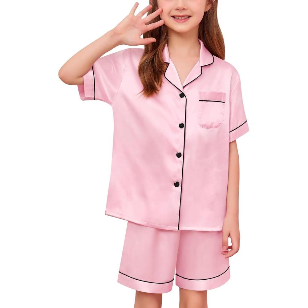imageSWOMOG Kids Satin Pajamas Sets Girls Boys ButtonDown Pjs Short Sleeve Silk Nightwear 2 Piece Lounge SetsBaby Pink