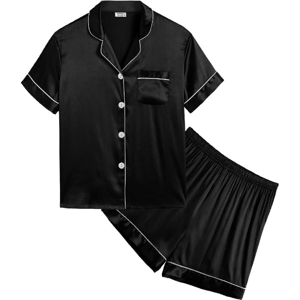 imageSWOMOG Kids Satin Pajamas Sets Girls Boys ButtonDown Pjs Short Sleeve Silk Nightwear 2 Piece Lounge SetsBlack
