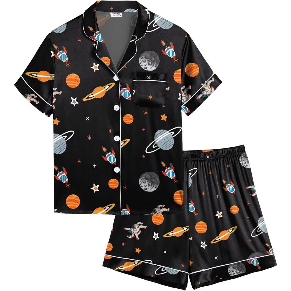 imageSWOMOG Kids Satin Pajamas Sets Girls Boys ButtonDown Pjs Short Sleeve Silk Nightwear 2 Piece Lounge SetsBlack Astronauts