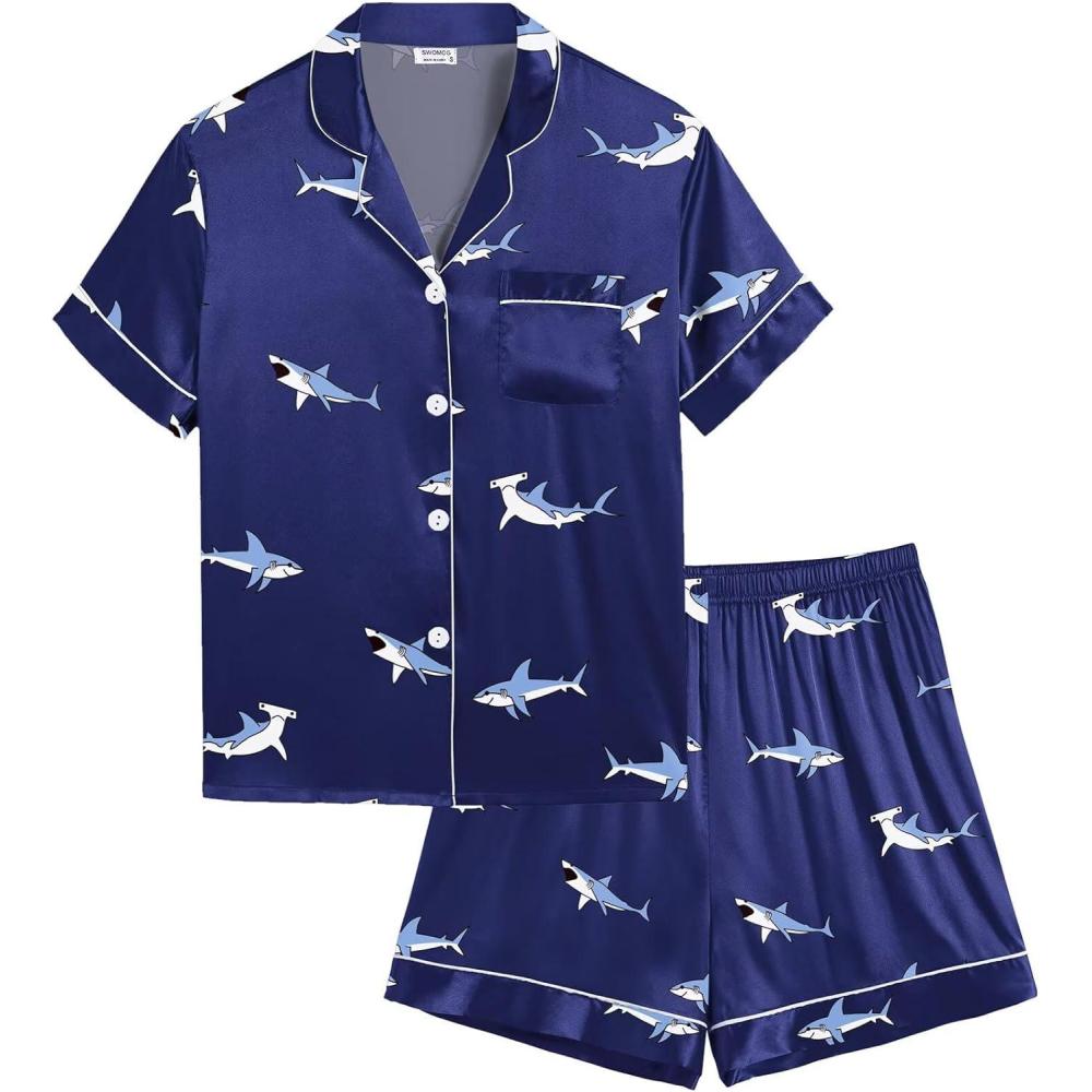 imageSWOMOG Kids Satin Pajamas Sets Girls Boys ButtonDown Pjs Short Sleeve Silk Nightwear 2 Piece Lounge SetsBlue Shark
