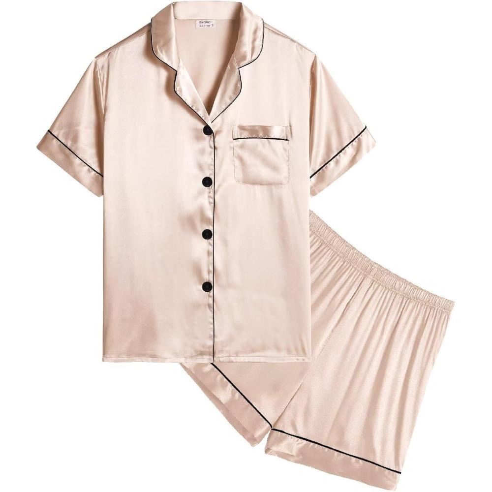 imageSWOMOG Kids Satin Pajamas Sets Girls Boys ButtonDown Pjs Short Sleeve Silk Nightwear 2 Piece Lounge SetsChampagne