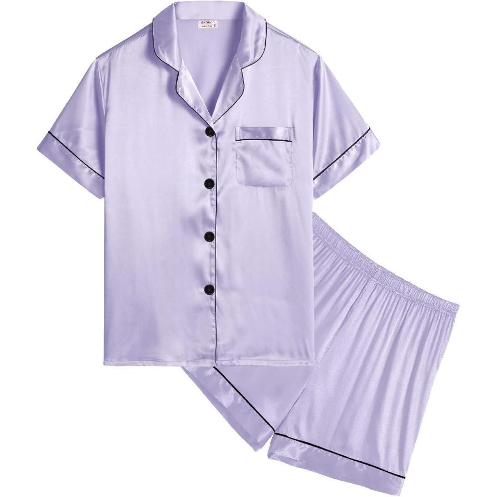 imageSWOMOG Kids Satin Pajamas Sets Girls Boys ButtonDown Pjs Short Sleeve Silk Nightwear 2 Piece Lounge SetsLavender