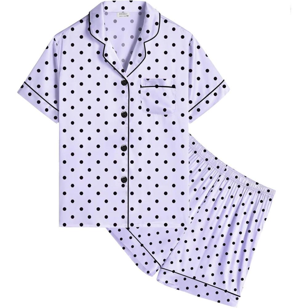 imageSWOMOG Kids Satin Pajamas Sets Girls Boys ButtonDown Pjs Short Sleeve Silk Nightwear 2 Piece Lounge SetsLavender Dots