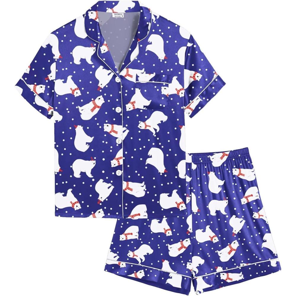 imageSWOMOG Kids Satin Pajamas Sets Girls Boys ButtonDown Pjs Short Sleeve Silk Nightwear 2 Piece Lounge SetsNavy Blue Bear