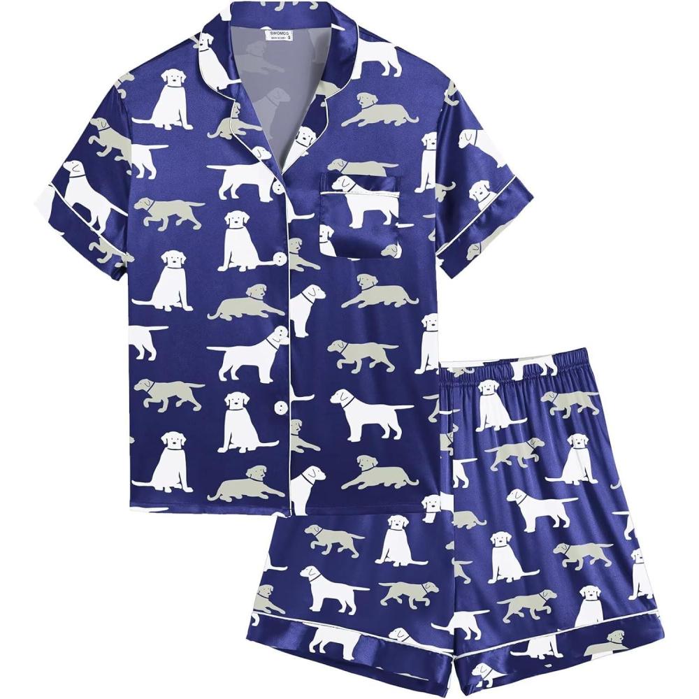 imageSWOMOG Kids Satin Pajamas Sets Girls Boys ButtonDown Pjs Short Sleeve Silk Nightwear 2 Piece Lounge SetsNavy Blue Dogs