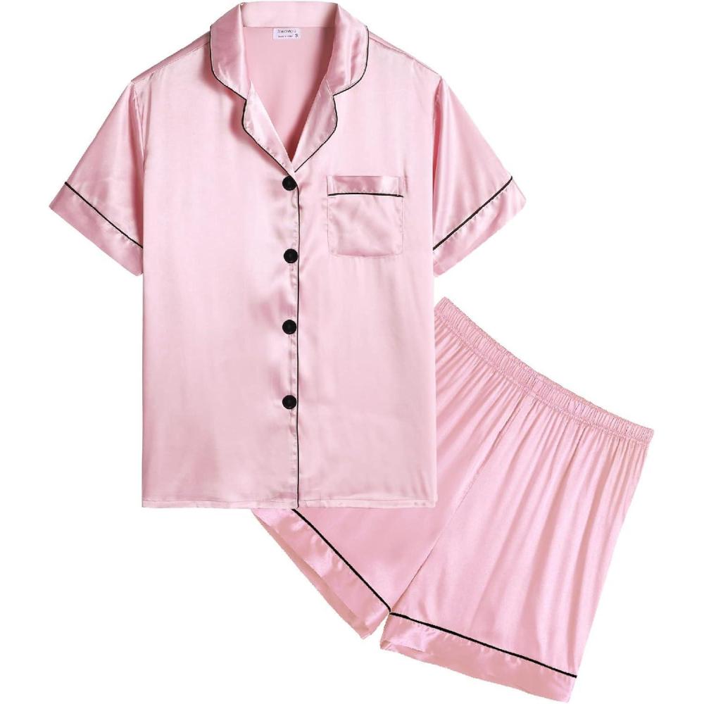 imageSWOMOG Kids Satin Pajamas Sets Girls Boys ButtonDown Pjs Short Sleeve Silk Nightwear 2 Piece Lounge SetsPink