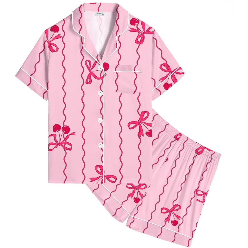 imageSWOMOG Kids Satin Pajamas Sets Girls Boys ButtonDown Pjs Short Sleeve Silk Nightwear 2 Piece Lounge SetsPink Bow