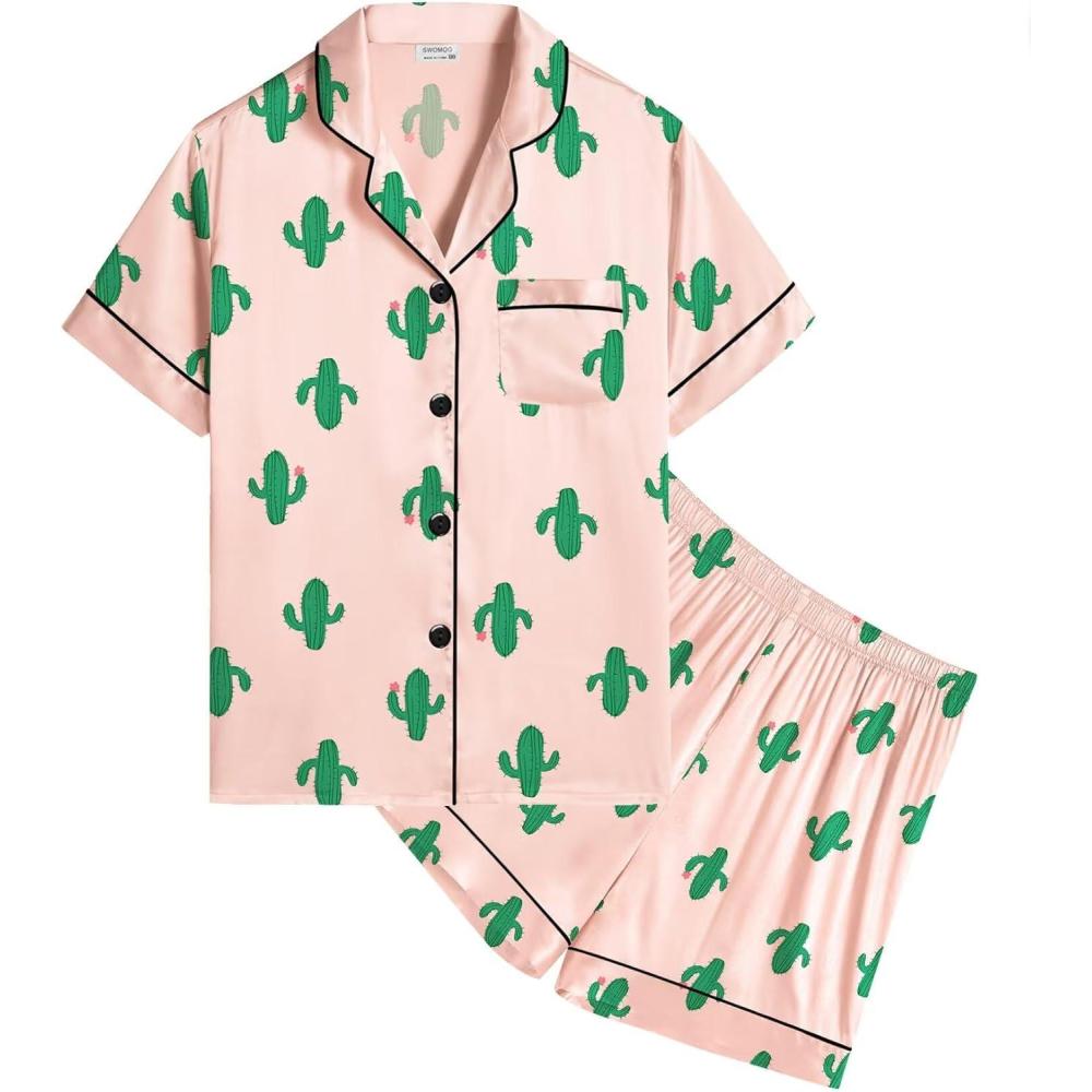 imageSWOMOG Kids Satin Pajamas Sets Girls Boys ButtonDown Pjs Short Sleeve Silk Nightwear 2 Piece Lounge SetsPink Cactus