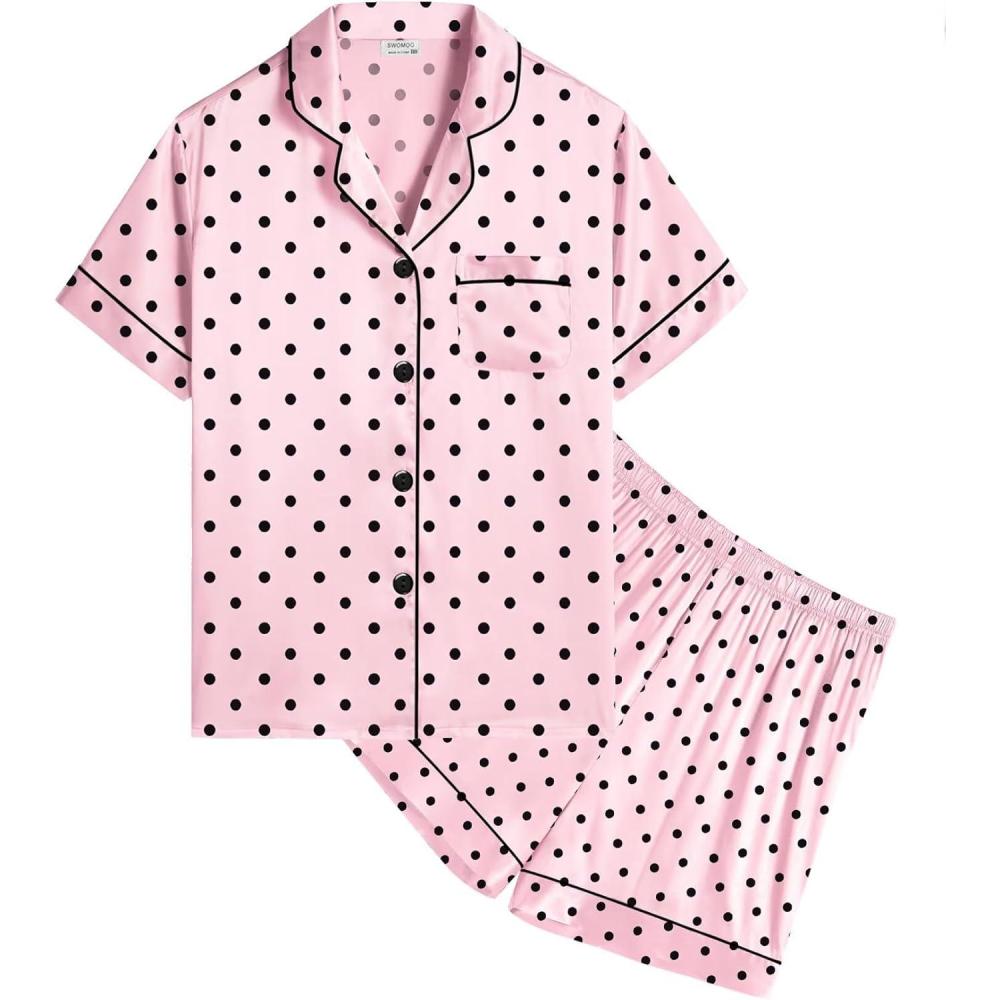 imageSWOMOG Kids Satin Pajamas Sets Girls Boys ButtonDown Pjs Short Sleeve Silk Nightwear 2 Piece Lounge SetsPink Dots