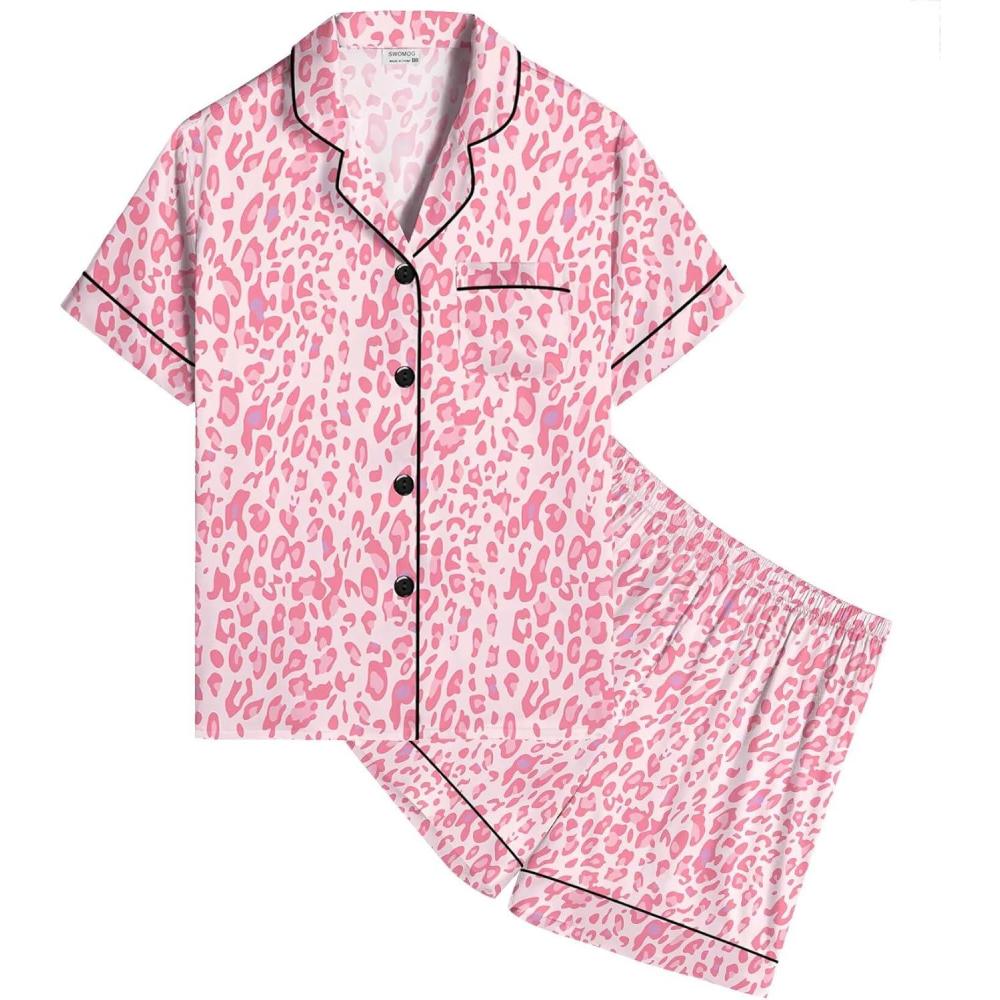 imageSWOMOG Kids Satin Pajamas Sets Girls Boys ButtonDown Pjs Short Sleeve Silk Nightwear 2 Piece Lounge SetsPink Leopard