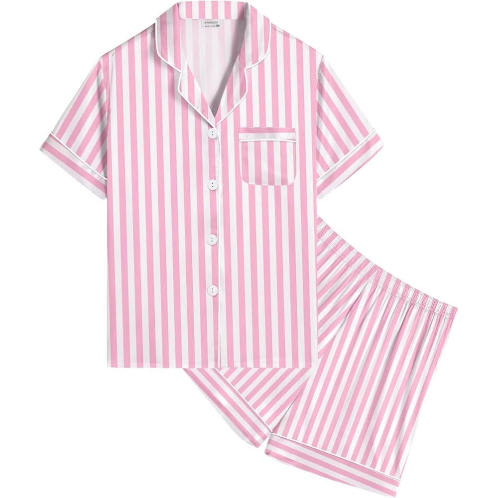 imageSWOMOG Kids Satin Pajamas Sets Girls Boys ButtonDown Pjs Short Sleeve Silk Nightwear 2 Piece Lounge SetsPink Striped