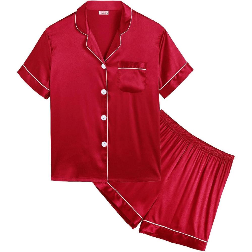 imageSWOMOG Kids Satin Pajamas Sets Girls Boys ButtonDown Pjs Short Sleeve Silk Nightwear 2 Piece Lounge SetsRed