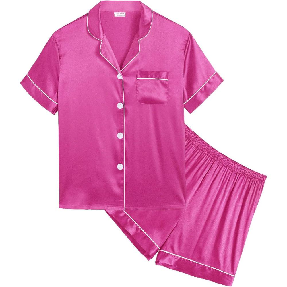 imageSWOMOG Kids Satin Pajamas Sets Girls Boys ButtonDown Pjs Short Sleeve Silk Nightwear 2 Piece Lounge SetsRose Red